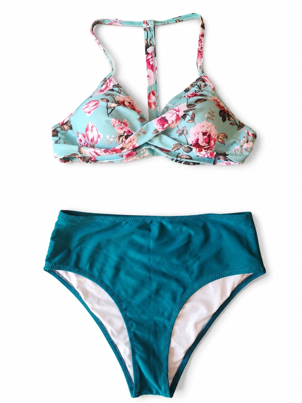 Floral Twist Front Bikini Top & Teal High Waist Bottoms, Excellent Cond, Size M